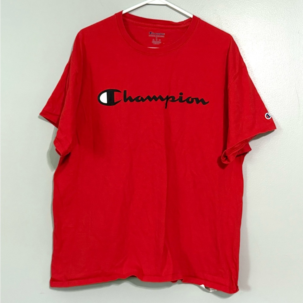 Champion Men's size XL Bold Red Short Sleeve Tee with script logo 664B5